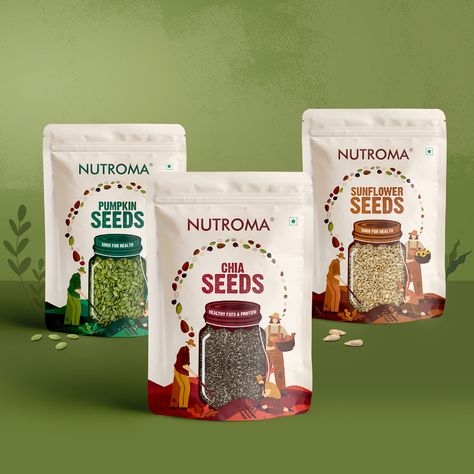 Chia Seeds Packaging, Grains Packaging Design, Chia Seed Packaging, Grocery Packaging Design, Seed Package Design, Poha Packaging Design, Plant Seed Packaging, Sunflower Seeds Packaging Design, Healthy Snack Packaging Design