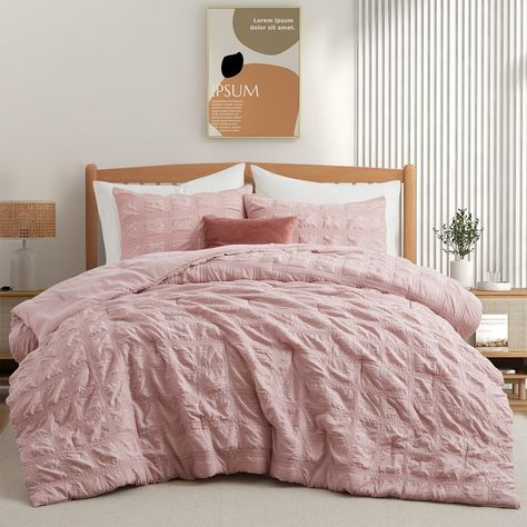 Upgrade and refresh your bedroom with this 3 Piece Crinkle Textured Design Comforter Set, available in various colors to choose from and match up with your home decor and mood. This comforter set features elegant crinkle textured design and includes comforter and matching pillowcases designed with convenient envelope closure, no more sliding. Made of 100% soft polyester material, this lightweight comforter set provides warmth and coziness during the whole night, ideal for all-season use. Girls Bedding Sets Queen, Girly Bed Set, Pink Bed Spreads, Teen Bedding For Girls Comforter Sets, Mauve Comforter Bedroom, Twin Bedding Girl, Light Pink Comforter Bedroom Ideas, Mauve Boho Bedroom, Aesthetic Bed Comforter