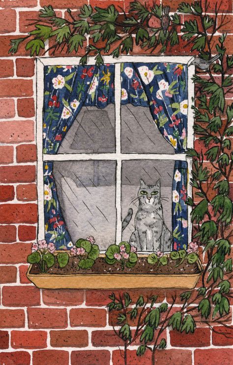 Dog In Window Illustration, Cat In Window Watercolor, Cat Window Illustration, Cat Window Drawing, Cat In Window Drawing, View From Window Drawing, Cat In Window Painting, Window View Illustration, Window Drawing Ideas