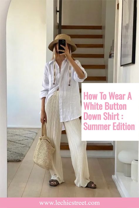 How To Wear A White Button Down Shirt : Summer Edition. Plenty of cute button up shirts outfits. Lots of casual outfits with white shirt and button down shirt dress outfit. Some shorts and button up shirt and outfits white shirts casual. If youre looking how to style a white button up shirt. Plenty of summer outfits and summer fashion inspo for those warm days. Summer casual looks for a casual summer. #cutebuttonupshirts #outfitswithbuttonupshirts #outfitswithwhiteshirts Tank And Button Up Outfit, White Beach Button Up Shirt, White Linen Button Down, White Linen Button Up Outfit, White Button Down Summer Outfit, White Button Down Aesthetic, White Shirt Beach Outfit, Cute Button Up Shirts Outfits, White Linen Button Down Shirt Outfit