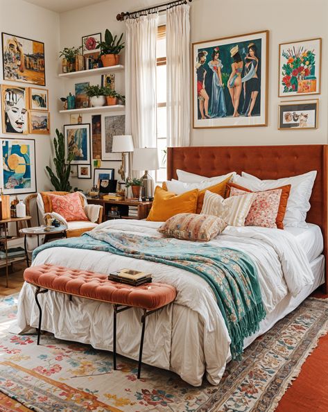 The image showcases a bedroom with an eclectic design styleThe bed is the focal point of the roomfeaturing a colorful comforter and a variety of pillowsThe room also includes a chaira couchand several potted plantsadding to the unique and eclectic atmosphereThe bed is positioned next to a windowallowing natural light to fill the spaceThe combination of the bedfurnitureand plants creates a cozy and inviting environment. Mid Century Eclectic Bedroom, Above Headboard Decor, Colorful Eclectic Bedroom, Eclectic Mid Century Modern, Bohemian Headboard, Eclectic Design Style, Green Headboard, Artist Bedroom, Neutral Bedroom Decor