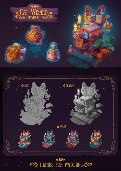 ArtStation - Cat Wizard Table, Jamilya Bukrina Casual Game Art, Cat Wizard, Props Concept, 2d Game Art, Casual Art, Props Art, Isometric Art, Game Props, Kitty Games