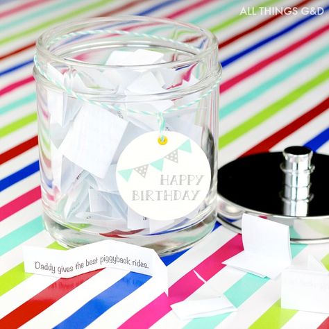 Surprise a loved one on their birthday with this thoughtful, no-cost, handmade birthday jar filled with all the reasons why they're someone to celebrate! {includes free printables} | www.allthingsgd.com Memory Jar Printable, Birthday Jar, 40th Birthday Messages, Encouragement Jar, Friendship Gifts Diy, 28th Birthday Ideas, Cute Happy Birthday Wishes, Inexpensive Birthday Gifts, Message Jar