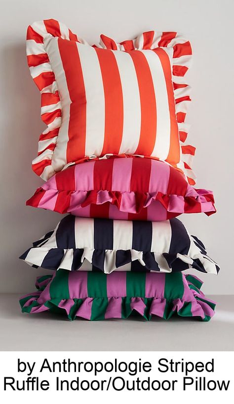 Add a touch of whimsy to any space—indoors or out—with this pillow's dreamy striped design and delightful ruffle trim, promising cozy comfort and stylish flair.  Polyester; poly fill Suitable for indoor or outdoor use Store pillow in a dry, covered area during periods of non-use Spot clean Imported  The name "Maeve" references a purple flower, a Greek goddess, and a famously beautiful Irish warrior queen. In light of these inspirations, it's no s