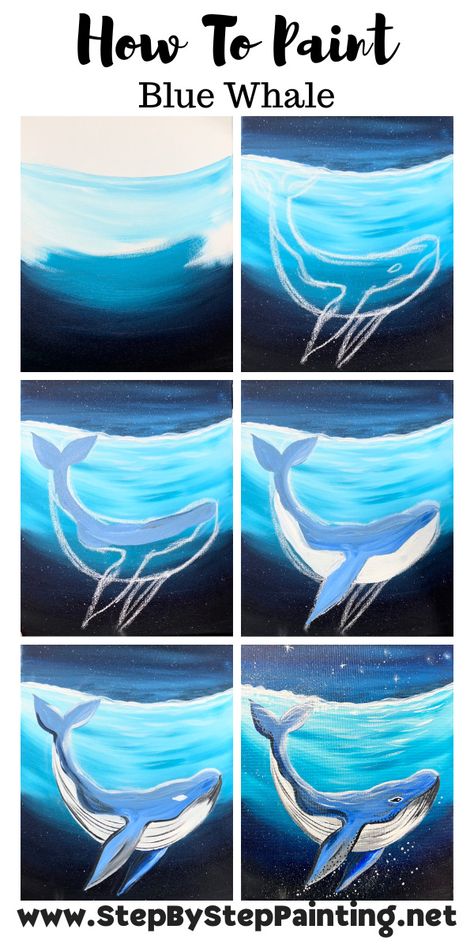 How To Paint A Blue Whale - Step By Step Tutorial All Blue Painting, Aquatic Painting Ideas, Underwater Painting Tutorial, Acrylic Painting Whale, How To Paint A Whale, Blue Things To Paint, Simple Whale Painting, Acrylic Whale Painting, Easy Whale Painting