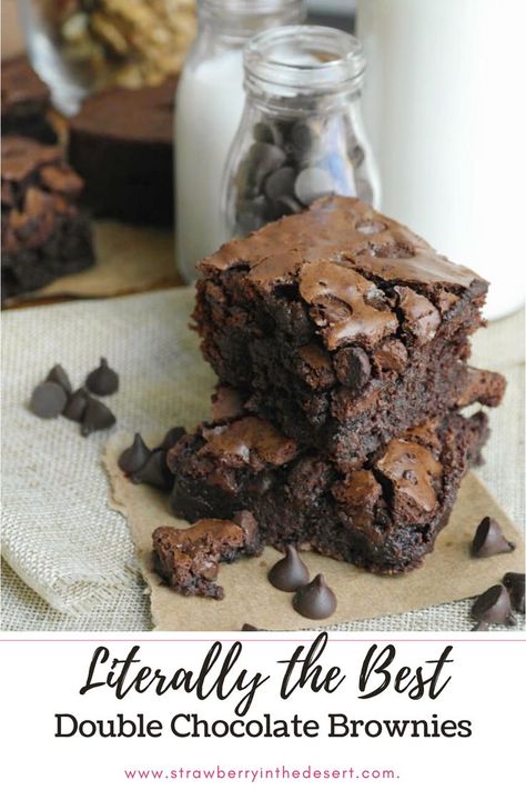 Chocolate Chunk Brownies Recipe, Double Chocolate Fudge Brownies, Brownie Recipe With Chocolate Chips, Double Chocolate Chip Brownies, Brownies Made With Melted Chocolate Chips, Semi Sweet Chocolate Recipes, Brownie With Chocolate Chips, Double Chocolate Brownies Recipe, Double Fudge Brownies