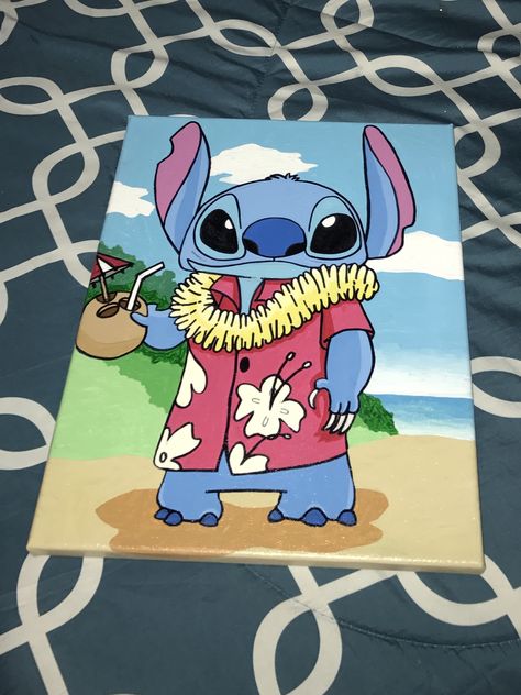 Disney stitch painting on canvas with acrylic paints Stitch Paintings On Canvas, Easy Stitch Painting, Stitch Painting Canvases, Pixar Paintings, Stitch Disney Painting, Stitch Painting Ideas, Stitch Painting Canvases Easy, Duo Painting Ideas, Disney Character Paintings On Canvas