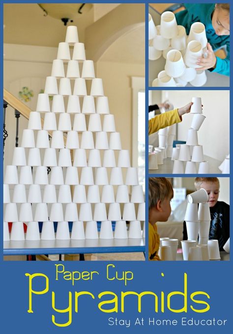 Building a pyramid out of paper cups is a crazy cheap and great STEM activity for preschoolers. This kids activity took a lot of problem solving and collaboration, too! Egypt Activities, Egypt Crafts, Egyptian Party, Fun Stem Activities, Around The World Theme, Activity For Preschoolers, Egiptul Antic, Preschool Stem, Preschool Science Activities