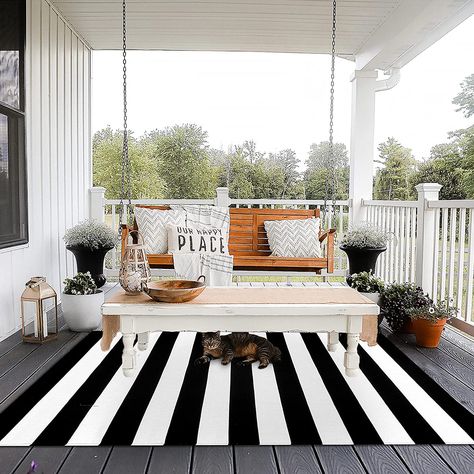 EARTHALL Black and White Striped Rug Outdoor 4'x6', Cotton Hand-Woven Black Striped Door Mat, Reversible Foldable Washable Outdoor Rug Stripe for Layered Door Mats Porch/Front Door (47.2" x70.8'') Black And White Striped Rug, Layered Door Mats, Porch Front Door, Summer Front Porch Decor, Plaid Rug, Summer Front Porches, Laundry Room Rugs, Kitchen Rugs And Mats, Pool Decor