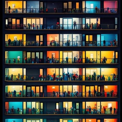 Apartment Building Painting, Apartment Windows, Apartment Window, Sf Apartment, Building Windows, Window Illustration, Aesthetic Apartment, Colorful Apartment, Building Painting