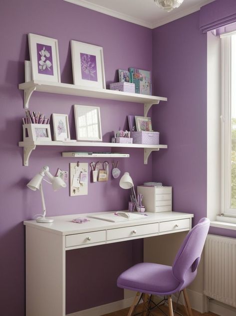 Whimsical Purple Bedroom Decor for a Playful Vibe Create a creative and organized workspace within the bedroom for studying or pursuing hobbies. #PurpleIdeas #PurpleDesign Cute Study Table Ideas, Bedroom Aesthetic Purple Pastel, Home Decor Ideas Purple, Modern Bedroom Purple, Purple Office Decor Ideas, Purple Theme Girls Bedroom, Purple Room Makeover Ideas, Purple Bedroom Design Ideas, Simple Purple Room Ideas