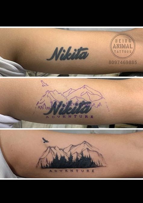 Cover Up Tattoos For Men Arm, Cover Up Name Tattoos, Hand Tattoo Cover Up, Moutain Tattoos, Coverup Tattoos, Arm Cover Up Tattoos, Forearm Cover Up Tattoos, Tatuaje Cover Up, Cover Up Tattoos For Men