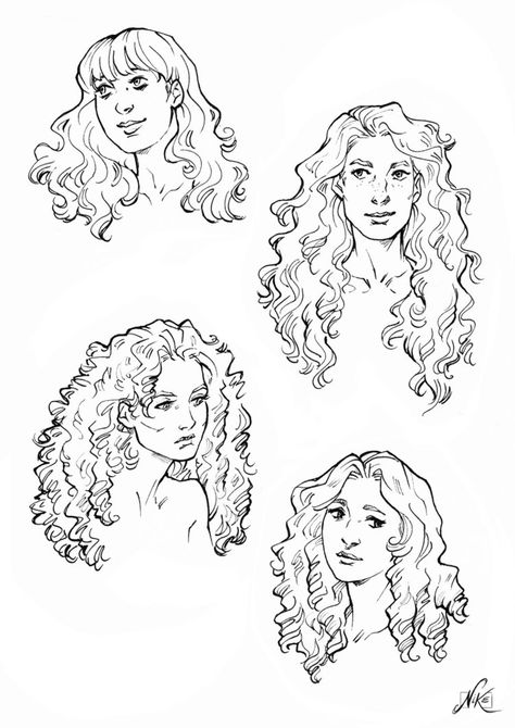 Some curly hair references by NikeMV Curly Hair Comic Drawing, How To Draw Curly Hair Cartoon, Curly Reference Drawing, Curly Hair Comic Character, How To Draw 2c Hair, Curly Bangs Reference Drawing, Drawing Hair Types, Thick Curly Hair Drawing, Black Hair Sketch Drawings