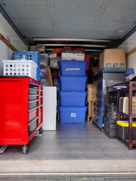 Furniture, totes, appliances, boxes and tools on a moving truck Moving Truck, Moving Long Distance, Packing Supplies, Moving Services, Skill Set, Moving Company, Sit Back And Relax, Storage Unit, Flamingo