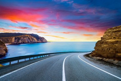 summer landscape on the highway. highway landscape at colorful sunset. Road view on the beach in summer time. colorful seascape with beautiful road. European highways. colorful nature landscape. Nature, Highway Landscape, Surreal Places, Sunset Road, Side Road, Colorful Sunset, Colorful Nature, Beautiful Roads, Dating Games