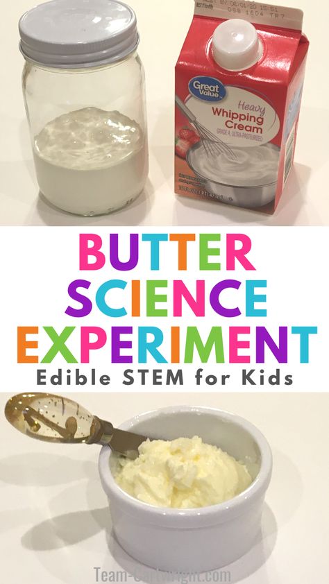 Text: Butter Science Experiment Edible STEM for Kids. Top picture: cream for experiment and jar for experiment. Bottom picture: ramekin of homemade butter from science experiment. Kitchen Science Experiments For Preschool, Cooking With Science, Science In The Kitchen, Science Prek Activities, Thanksgiving Science For Preschool, Pancake Science Experiment, Making Butter Preschool, Easy Homeschool Science Experiments, Making Butter In The Classroom