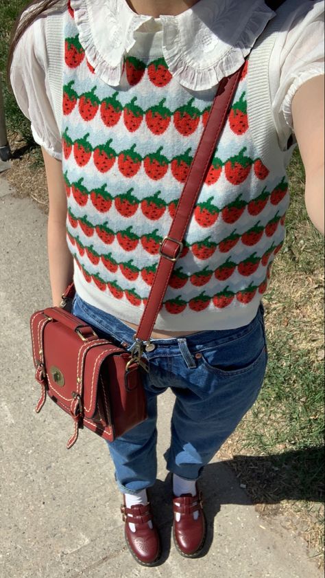 Couture, Aesthetic Strawberry Outfit, Strawberry Vest Outfits, Strawberry Shortcake Outfits Aesthetic, Strawberry Pants Outfit, Strawberry Coquette Aesthetic, Strawberry Fashion Aesthetic, Strawberry Shirt Outfit, Outfits With Vests Aesthetic