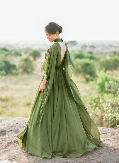 breathtaking olive green gown from elie saab Vintage Colored Wedding Dress, Fairy Bridesmaid Dresses Fairytale, Moss Green Velvet Dress, High Neck Flowy Dress, Cool Gowns, Flowy Clothes, Filmy Vintage, Green Wedding Dresses, 파티 드레스