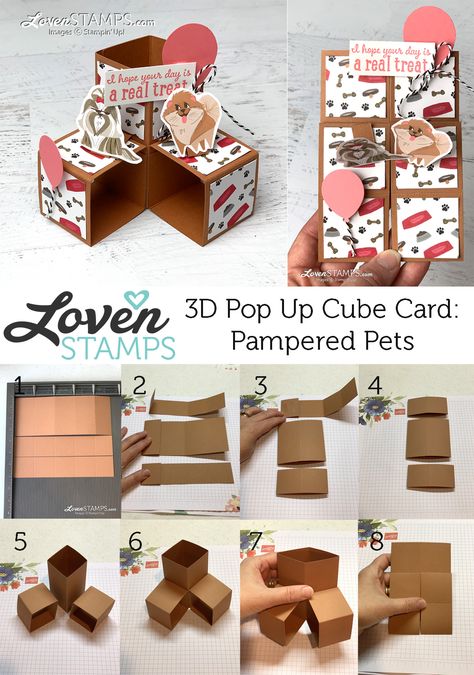 Pampered Pets Cards that Move: How to Make a Triple Cube Pop-Up Card - LovenStamps Pop Cubes, Pop Up Card Templates, Fancy Fold Card Tutorials, Pop Up Box Cards, Pampered Pets, Interactive Cards, Shaped Cards, Pop Up Card, Fancy Fold Cards