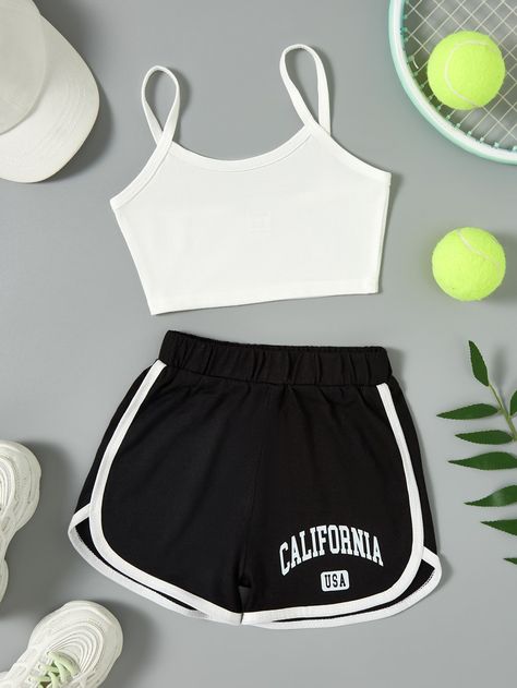 Black and White Sporty  Sleeveless  Letter  Embellished Slight Stretch  Toddler Girls Clothing Girls Shorts Outfits, Cute Outfits With Shorts, Shorts For Kids, Shorts For Girls, Haircut Styles For Women, Working Out Outfits, Cute Pajama Sets, Cute Dress Outfits, Cute Preppy Outfits