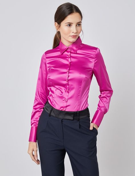 Women's Hot Pink Fitted Satin Shirt - Single Cuff | Hawes & Curtis Hot Pink Shirt, Elegantes Outfit Frau, Hawes And Curtis, Fitted Blouse, Satin Bluse, Fitted Blouses, Satin Blouses, Bow Blouse, Satin Shirt