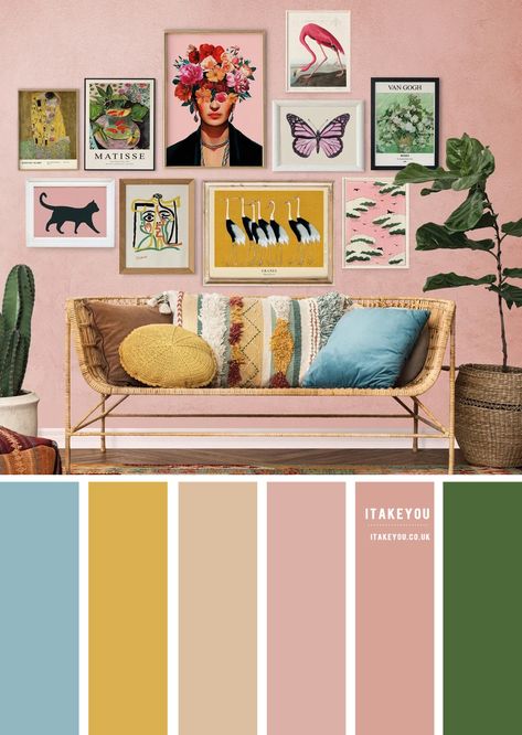 Lifestyle Colour Palettes Archives 1 - I Take You | Wedding Readings | Wedding Ideas | Wedding Dresses | Wedding Theme Yellow And Pink Living Room Ideas, Pink And Ochre Bedroom, Pink Gold Color Scheme, Mustard Sofa Pink Walls, Dusky Pink And Mustard Bedroom, Grey Blue Pink Yellow Living Room, Pink Navy Green Color Palettes, Lounge Colour Palette, Mustard Yellow And Pink Color Palette