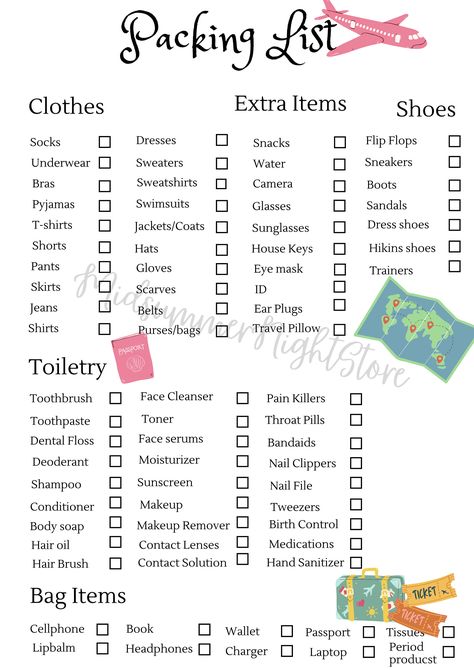 The complete packing checklist for any travel to come. With toiletries, medicine, clothes and extra items.  This way you always go prepared on trips with zero stress. What To Bring For Travel, Travel Stuff Packing Lists, Travel Bag Checklist, What Should I Pack For A Trip, Packing List For 9 Days, Travel Kit Essentials, Small Packing List, Carry On Bag Checklist, Thing To Bring On Vacation