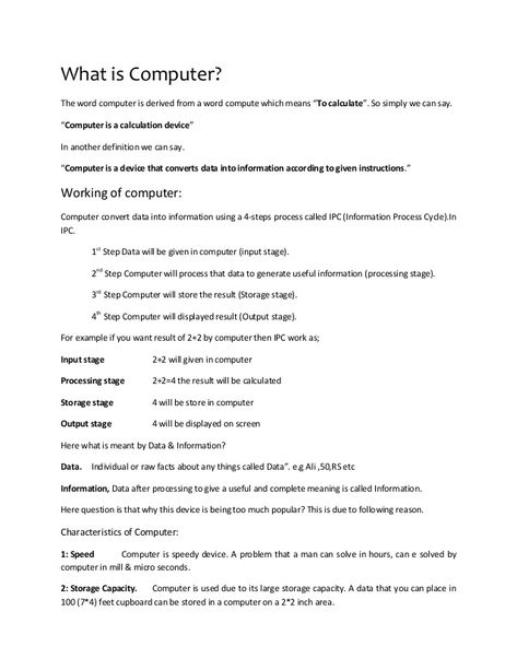 What is Computer?  The word computer is derived from a word compute which means “To calculate”. So simply we can say.  “Comp... What Is Computer Definition, Basic Computer Skills Learning, Computer Skills Basic, Notes On Computer, Computer Definition, Study Songs, Characteristics Of Computer, Basics Of Computer, Basic Computer Knowledge