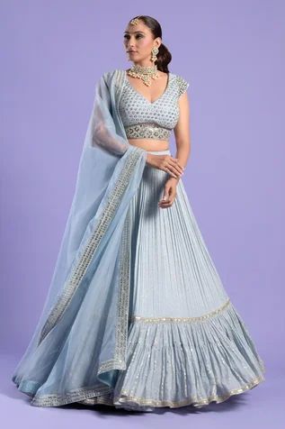 Lehenga Blue, Tiered Lehenga, Hand Work Blouse, Blue Mirror, Hand Work Blouse Design, Organza Dupatta, Chaniya Choli, Lehenga Designs, Two Sisters