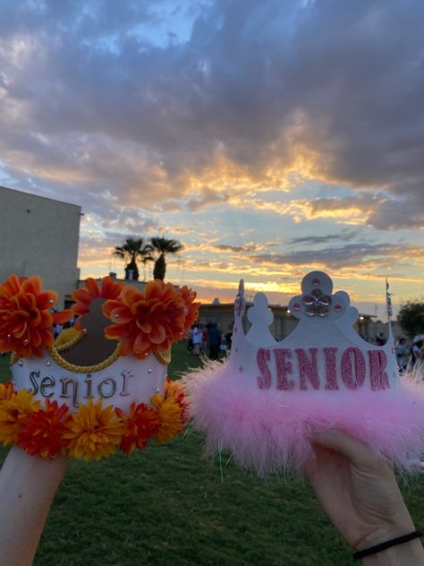 Senior Night Hats, Crown Day Spirit Week, Simple Senior Crown Ideas, Senior Hangout Ideas, Senior Crown Ideas Purple, What To Put In Senior Boxes, Senior Hats Decoration, Pink Senior Crowns High School, Senior Crown Aesthetic