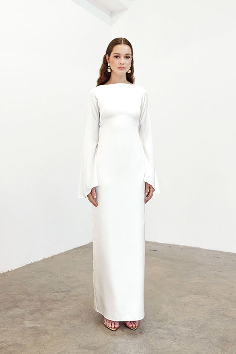 Keidi Dress - White – Khanum's Modest White Dress, White Engagement Dresses, White Satin Dress, White Silk Dress, Satin Dress Long, White Long Sleeve Dress, Long White Dress, Engagement Dresses, Mode Ootd