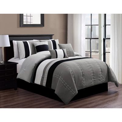 Reinvent your bedroom decor with this comforter set Size: Cal. King Comforter + 6 Additional Pieces, Colour: Black/White/Gray Black And Grey Bedding, Black Comforter Sets, Luxury Comforter Sets, Black Comforter, Grey Comforter Sets, Yves Delorme, Striped Bedding, Teen Boy Bedroom, Bed In A Bag