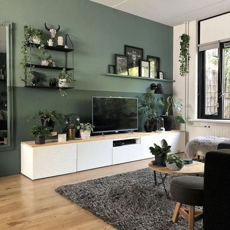 Sage Green Lounge Room, Green Wall Grey Couch, Green Wall Living Room Decor, Sage Green Accent Wall Living Room, Sage Accent Wall, Sage Green Accent Wall, Sage Lounge, Sage Green Living Room Ideas, Apartment Couple