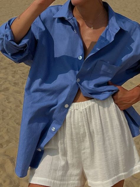 wild nights! Beach Outfit Button Up, Boat Beach Outfit, Cobalt Blue Summer Outfit, Blue Striped Button Up Outfit, Cameron Diaz Fashion, Nantucket Fashion Summer, Summer Button Down Outfit, Almafi Coast Outfits, Hamptons Summer Style