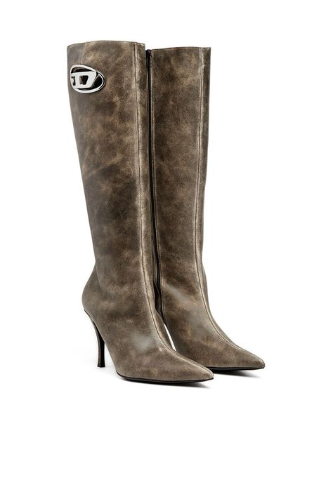 Women's D-Venus HBT - Treated leather boots with oval D plaque | D-VENUS HBT Diesel Diesel Boots, Distressed Leather Boots, Pointy Toe Boots, Stiletto Boots, Pointed Heels, Knee High Boot, Brown Leather Boots, Kitten Heel, Distressed Leather