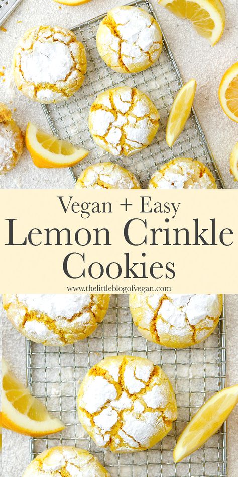 Vegan Lemon Crinkle Cookies - The Little Blog Of Vegan Vegan Crinkle Cookies Recipe, Best Vegan Cookies Ever, Vegan Lemon Baking, The Best Vegan Cookies, Vegan Desserts Fruit, Vegan And Gluten Free Baking, Cute Vegan Recipes, Gf And Vegan Recipes, Vegan Lemon Cookies Easy