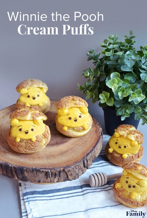 These Winnie the Pooh Cream Puffs Are As Sweet As Hunny Mini Patisserie, Honey Whipped Cream, Disney Baking, Disney Inspired Food, Disney Desserts, Cream Puff Recipe, Pooh Party, Disney Treats, Puff Recipe