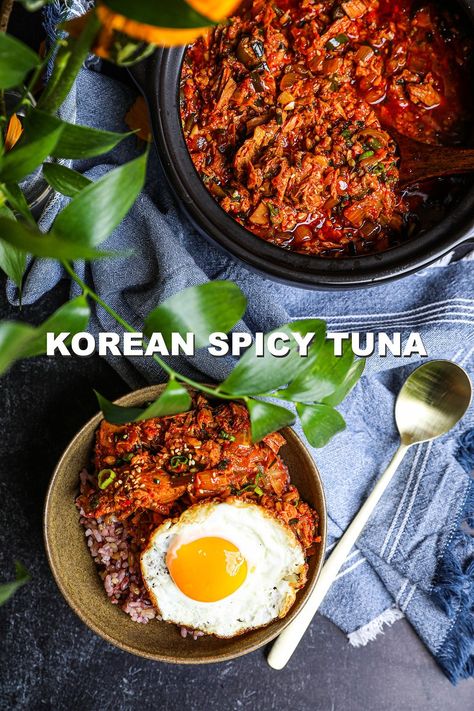 Korean Spicy Tuna Recipe & Video - Seonkyoung Longest Korean Cuisine, Tuna Korean Recipes, Asian Tuna Recipes, Tuna Can Recipe, Tinned Fish Recipes, Lunch Ideas Tuna, Korean Tuna Rice, Can Tuna Recipes, Multigrain Rice Recipe