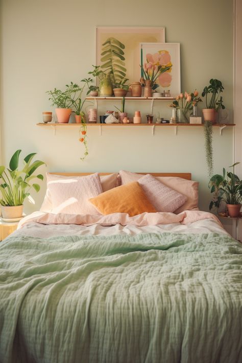 Room Decor Boho Cozy Bedroom, Windowseal Decor Ideas Bedroom, One Room Flat Ideas, Coral Bedroom Decor Ideas, Simple Colorful Bedroom Decor, Earth Color Home Interior, Home Design With Plants, Trendy Bedroom Wall Decor, Boho Bedroom Inspo Vintage