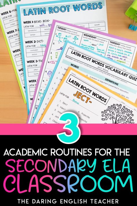 Three Academic Routines for the Secondary ELA Classroom - Prepare your middle school ELA and high school English students for success by implementing these three academic routines in the classroom. From teaching writing to sentence combining lessons to academic vocabulary, these ELA academic routines will help your students succeed. High school English lessons | Middle School ELA Lesson | ELA Activities | Teaching Middle School ELA | Teaching High School English Ela Posters High School, Morphology Activities Middle School, Sentence Combining, Middle School Vocabulary, Secondary English Classroom, Middle School English Classroom, School Vocabulary, High School English Lessons, Secondary Ela Classroom