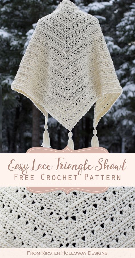 The classic triangle shape and lacy stitches make the Primrose and Proper shawl pattern a quick, easy and, beautiful project to dress up your wardrobe this winter. #KirstenHollowayDesigns #easycrochetshawlpattern #freecrochetpattern Primrose Stitch Crochet Pattern, Hue And Me Crochet Patterns, Gamma Shawl Pattern, Quick Easy Free Crochet Patterns, Winter Crochet Shawl, Crochet Shawl Border, Crochet Handbands Free Pattern, Crochet Shallow Triangle Shawl, Winter Shawl Crochet Pattern