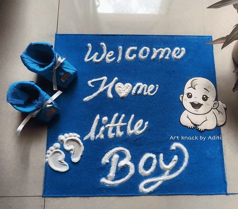 Naamkaran Decoration Ideas At Home, Dohale Jevan Rangoli, Welcome Baby Rangoli, Baby Welcoming Decoration, Baby Coming Home Decorations, Welcome Home Baby Boy Decorations, Godadi For Baby Design, Baby Welcome Ideas, Newborn Welcome Home Decoration