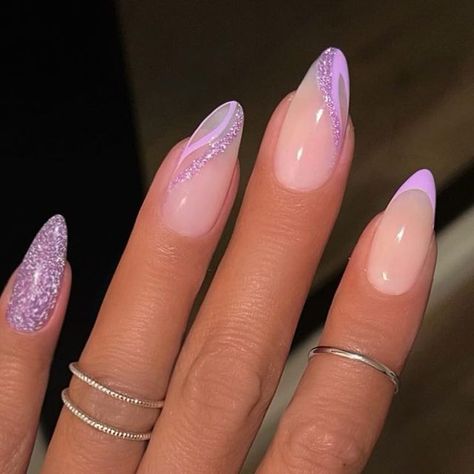 Metallic Purple Nail Designs, Glitter Ombre Nails Purple, Lilac Bridesmaid Nails, Purple Almond Nails French Tip, Lavender And Glitter Nails, Prom Nails Purple Lavender, Purple And Silver French Tip Nails, Lilac Purple Nail Designs, Simple Concert Nails