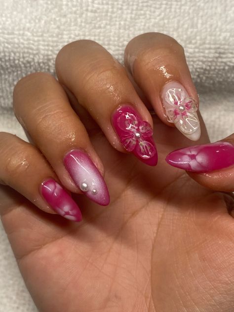 Nail art, nail trends, 3D Nails, aura Almond Shape Y2k Nails, Aura Nails With 3d Design, Pink Nails With 3d Design, Colorful Flower Nails Acrylic, Airbrush 3d Nails, Colorful Flower Nail Designs, Nail Inspo 3d Art, Gel Flower Nail Designs 3d, Pink Orchid Nails