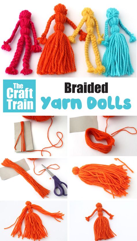 four braided yarn dolls in a row with step by step pictures of how to make the yarn dolls All Ages Crafts, Rainbow Yarn Art, Easy Yarn Dolls, Easy Christmas Yarn Crafts, How To Make A Yarn Doll, Fun Yarn Crafts, Yarn Rings Jewelry, Stuff To Make With Yarn, How To Make Yarn Dolls