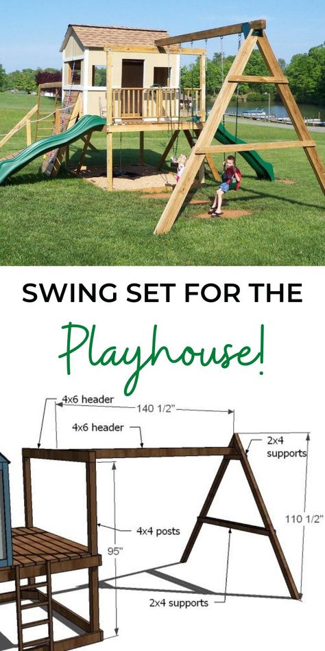 Play Swing Set Ideas, Diy Swing Set With Playhouse, How To Build A Swing Set Frame, Build Your Own Swingset, Pallet Swing Set, Building Swing Set, Diy Swing Set Playhouse Plans Free, Diy Playhouse Swingset Plans, Diy Outdoor Playset Plans