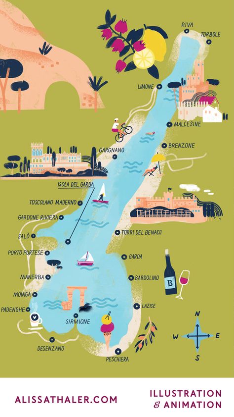 A map of Italy's lake Garda with various food, drinks and sight shown as illustrated highlights Italy Como Lake, Lake Como Map, Sirmione Italy Lake Garda, Lake Como Illustration, Lakes In Italy, Garda Lake Italy, Lake Garda Aesthetic, Italy Map Illustration, Travel Map Illustration