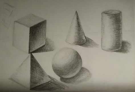 Shading 3d Shapes, 3d Shapes Drawing Shadows, 3d Composition Drawing, 3d Shape Drawing, Shape Shading, 3d Shading, 3d Composition, Hatch Drawing, Triangle Drawing