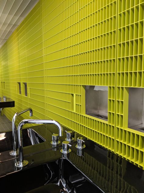 Fondazione Prada Torre Bright Green Bathroom, Prada Art, Green Bathrooms, Social Housing Architecture, Fondazione Prada, Wc Design, Pale Wood, Public Bathrooms, Industrial Bathroom