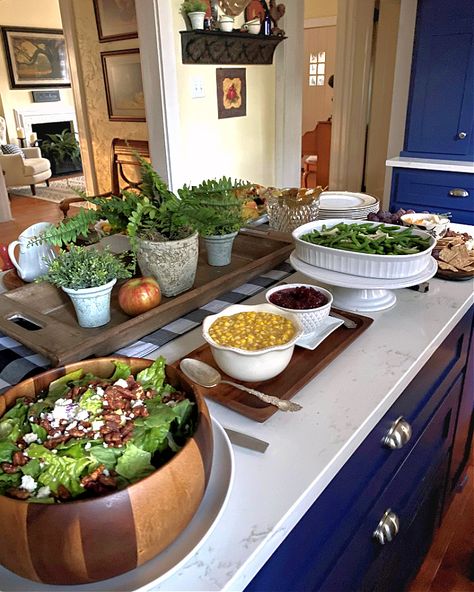 How to Set An Inviting Buffet Table - southern discourse Kitchen Island Buffet Set Up Christmas, Serving Buffet Ideas, Large Serving Platters, Kitchen Counter Food Buffet, Thanksgiving Buffet Style, Thanks Giving Food Table Set Up, Setting Up Buffet Table Display, How To Set Up A Christmas Buffet Table, Ham Buffet Table